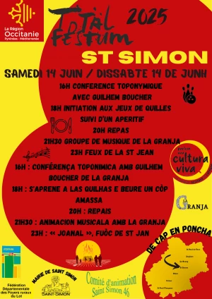 Affiche Conférence toponymique, initiation aux jeux de quilles, musique et feux de la St Jean à St Simon