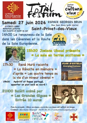 Affiche Lo patrimòni retrovat: l'estiva, lo castanhièr, la seda; lo legendari: Romèca, lo Basilisc, lo Gripet per los escriches , los cants, las musicas, dels actors culturals passats e presents.