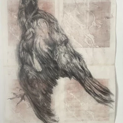 présence - dessin au crayon et pierre noire sur papier emballage avec 4 estampes ocre. 112 x 90 cm