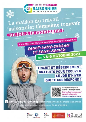 Affiche #Saison Hiver - La Maison du travail saisonnier t'emmène trouver un job à la montagne !