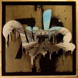 "Entre voies" - Acrylique sur bois découpé, panneau Sncf et caisse en bois. 91 x 91 x 10 cm.