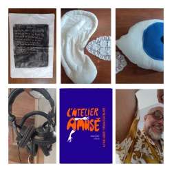 "Les Rouleaux de la Terre Vivante" installation visuelle et sonore autour de 42 poèmes - textile, monotype et son - v.cros 