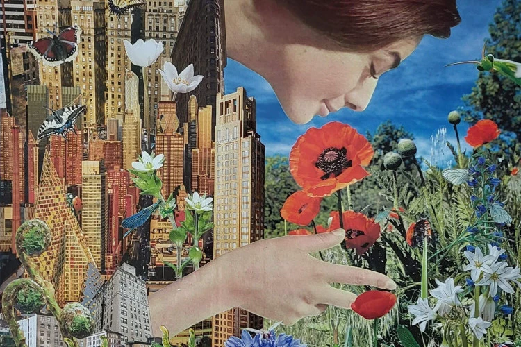 Une bouffée d'air frais - Une citadine semble oppressée par la densité de la ville…Elle se régale d'une bouffée d'air frais à la campagne… Mais même si on a coutume de dire que la ville grignote petit à petit des espaces de liberté à la campagne, l'inverse est aussi vrai : la nature s'invite parfois en ville… qui n'a pas croisé, autour des flores sauvages des rues de nos cités, une coccinelle, des chenilles, des papillons, voire même une libellule au-dessus de la fontaine d'un jardin public ? Et finalement, on peut prendre l'air partout : à la ville, à la campagne, peu importe… il suffit de savoir profiter de chaque bouffée d'air frais… - Christel Tujague 