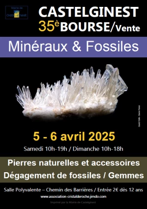 Affiche 35ème Bourse vente minéraux fossiles pierres naturelles à CASTELGINEST 5 et 6 Avril 2025