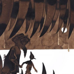 Pinocchio # 5 - Sort de la Bouche du monstre - 240 x 320 mm - brou de noix et feutres sépia sur papier aquarelle - Julien Lauber d'après Carlo Collodi 