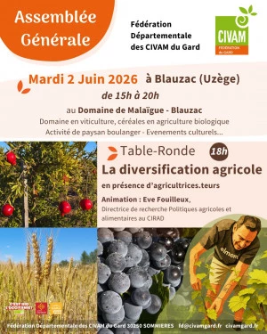 Affiche Visite d'une ferme bio, table ronde sur la divesification en agriculture biologique bio et apéritif dinatoire bio et local (quinzaine des produits bio et régionaux)