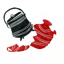 Le Pot de Terre contre le Pot de Fer - La Fontaine - linogravure - Michèle STACHAK-SOULACROIX 