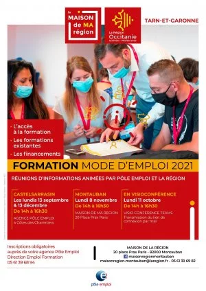 Affiche Formation Mode d'Emploi : réunions d'information animées par Pôle Emploi et la Région Occitanie