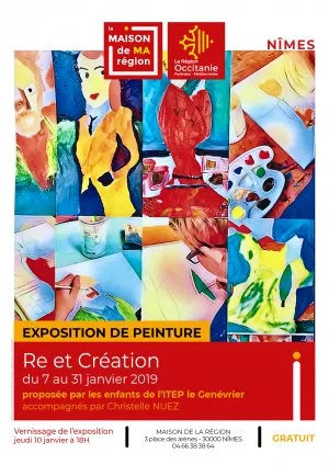 Affiche Exposition "RE É CRÉATION" par les enfants de l'ITEP Le Genévrier et Christelle NUEZ