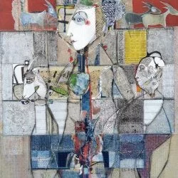 "Le templier". - 65 x 55 cm. Sur toile de lin. Papier Xuan, impressions, craie noire, cires, pigments. - Elisabeth Lombard 