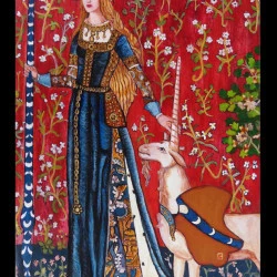 La dame à la licorne - Peinture sur bois, acrylique. Taille 20/30 cm