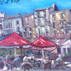 Brasserie Molière, Pezenas -sur le motif - 50x70cm L'huile sur le toile de lin - Linda H Matthews 