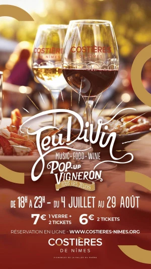 Affiche JeuDiVin : du 4 juillet au 29 août, 9 jeudis pour découvrir les Costières de Nîmes