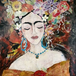 Frida Kahlo "Femme fleur" - Collage sur toile réalisation avec des papiers soie peint à la main .Format 80/100 cm - R.Devarrewaere 