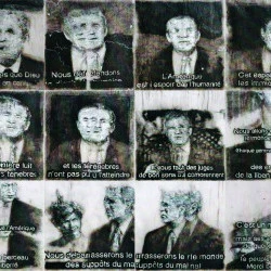 "Bush, nous savons que Dieu a choisi son camp" - Douze dessins au fusain sur paier de soie résiné avec couverture de survie en fond, 300 x 400 cm,2006 - Bernard Rousseau 