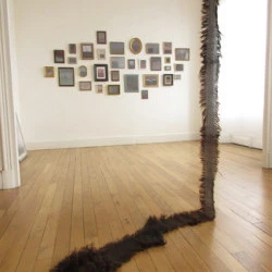 Installation pour cheveux tissés, work in progress - work in progress débuté en 2012 potentiellement infini, actuellement 6 mètres de cheveux tissés, Atelier 20, Tarbes - Françoise Maisongrande 