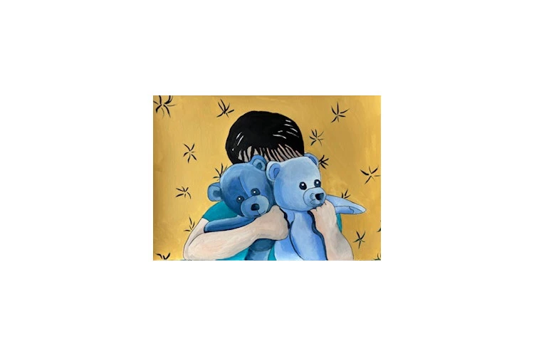 Enfant au doudou - Peinture A3 à la gouache - Tania 