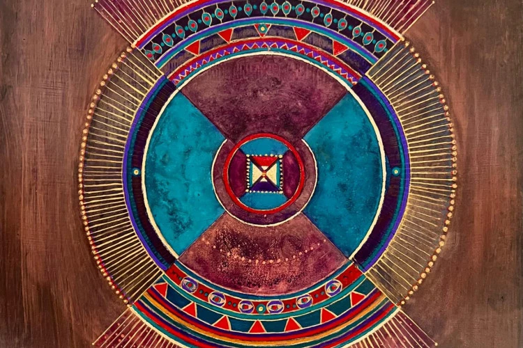 Écho - Ink, dye, acrylic, gold leaf, metal powder, on wood, with levkas ( organic glue and blanc de medon) 35x45 cm