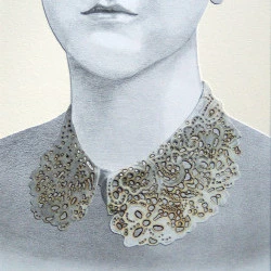 Le col en dentelle - Dessin graphite et dessin par la brûlure sur papier 300g texturé, encadrement bois blanc - 37x80cm - 2026 - Zabel Charrié 