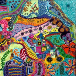 FOURMIS A MIEL - honey ants aborigènes, toile 3D, 80x80 cm, acrylique - TERRES ET ARTS D ICI ET D AILLEURS 