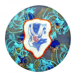 Série "VAGABONDAGE GRIGRI MIX" - Sérigraphie textile tendue sur châssis, crochet, perles// Diamètre 90cm// Pièce unique// 2018 - Ayda-Su NUROGLU 