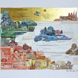 Paysage monétaire international - Paysage monétaire international : Collage de billets de banque et feuille d'or sur carton, 100 x 70 cm, année 2021 - photo Yann Dumoget ADAGP 