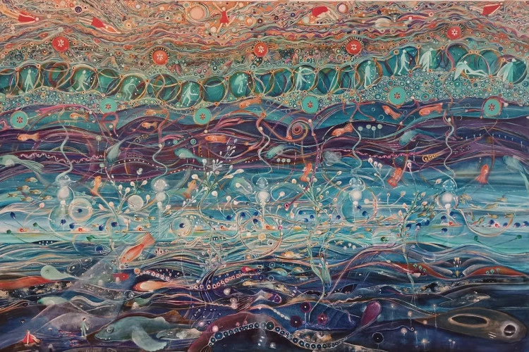 Symphonie des profondeurs 162 x 100 Acrylique sur toile de lin - Cette toile exprime la fluidité comme un processus de transformation : un mouvement continu où la matière, la couleur et le regard circulent librement.