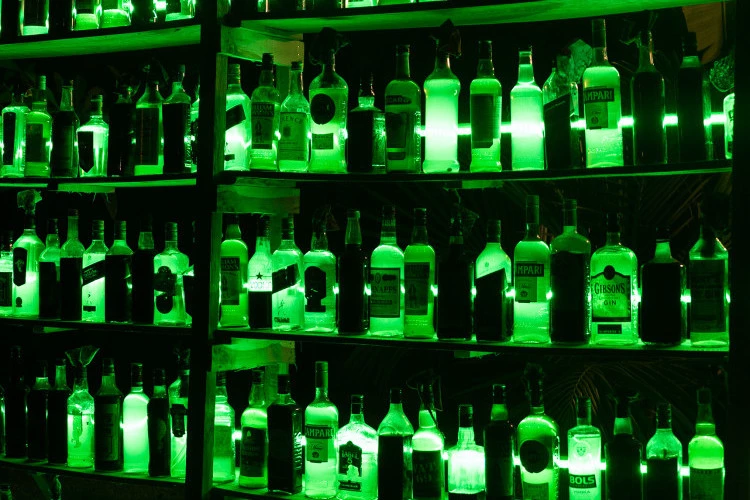 Économie de la brûlure - Bouteilles d'alcool récupérées, huile moteur, eau colorée, néons verts 220 x 280 cm, 2026. - Crédit photo Roberto Tchoko - © Adagp 