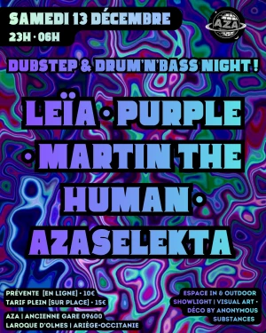 Affiche Bass Express | Drum & Bass Night | Leïa - Purple - Martin The Human - Azaselekta 