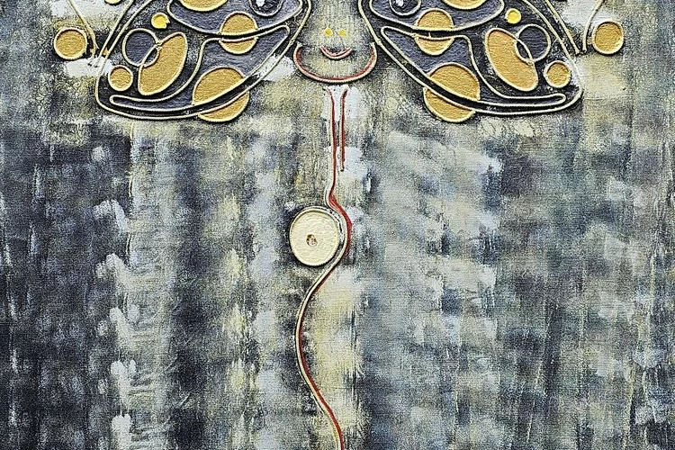 Papillon de nuit - Acrylique et ficelle sur toile en lin 116/89cm