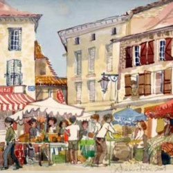 Marché- Gramat - Aquarelle