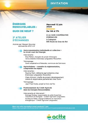 Affiche ÉNERGIES RENOUVELABLES : QUOI DE NEUF ? 2E ATELIER D'ÉCHANGES