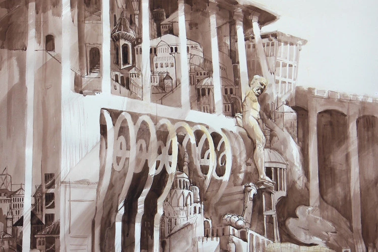 Dessin sépia soupirail - Aquarelle 96cm x 128cm - Pierre Lardeau 