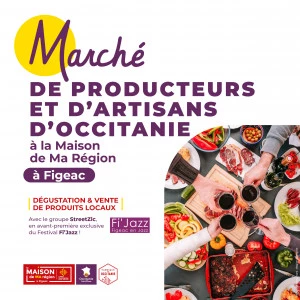 Affiche Marché de producteurs et artisans d'Occitanie sur le parvis de la gare de Figeac