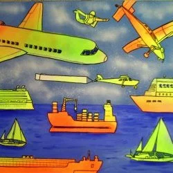 avions et bateaux - acrylique sur toile, 50x70, 2019, avions et bateaux