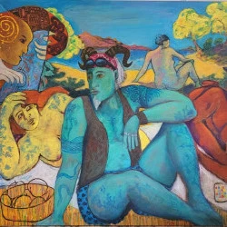 Le déjeuner sur l'herbe - (2024) 130 X162 cm technique mixte sur toile. Librement inspirée du "Déjeuner sur l'herbe" d' Edouard Manet (1863) cette peinture s'en écarte par la présence de symboles culturels contemporains. Dans un mélange de surréalisme et d'expressionnisme, des symboles prennent le pas sur la réalité objective. Des détails comme les tatouages, les accessoires au style steampunk ou la présence de technologies d'aujourd'hui sont utilisés pour conférer au tableau sa contemporanéité et conforter la profondeur narrative des personnages. Ce tableau explore non seulement le présent, mais aussi la manière dont le passé continue d'influencer notre perception de l'art et de la société, en juxtaposant des symboles modernes et classiques pour évoquer une réflexion profonde sur la pérennité des idées et des mythes. - Bruno Lassalle 