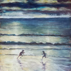 Jeux sur l'estrand le soir à Damgan - huile sur toile 46 x 38 cm