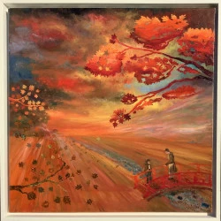 LA PROMESSE AU CRÉPUSCULE - Huile sur lin, 50 x 50 cm. Sous un ciel embrasé par les teintes du soir, deux silhouettes se rencontrent sur un pont rouge. Leur échange, discret mais intense, suspend le temps : est-ce une déclaration, une promesse, le début d'un lien ou le poids d'un secret ? En arrière-plan, une église discrète et des figures lointaines évoquent la célèbre toile de Millet, créant un pont entre tradition et réinterprétation contemporaine. Mais ici, l'attention se concentre sur le mystère de cette rencontre : l'homme se dévoile-t-il à cette femme ? Ou bien partagent-ils un instant d'intimité déjà scellé depuis longtemps ? Les feuilles flamboyantes, emportées dans le vent, traduisent le passage des saisons, le mouvement de la vie, et la fragilité des instants précieux. Cette œuvre à l'huile, vibrante et poétique, explore à la fois la force du paysage et la délicatesse des émotions humaines.