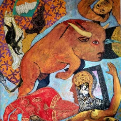 Attaque Frontale - (2023) 162 x130 cm technique mixte sur toile : Dans ce tableau, un conflit intense entre des forces humaines et animales symbolise la lutte, le chaos. Le puissance brut du taureau contraste avec des figures humaines vulnérables. - Bruno Lassalle 
