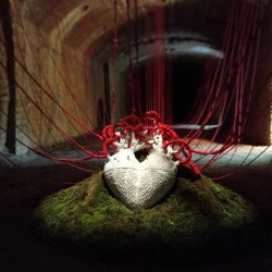 En plein coeur - Coeur en porcelaine gravé et modelé, 4 kilométre de fil de coton rouge, terre et mousse végétale. 2023 - Juli About 