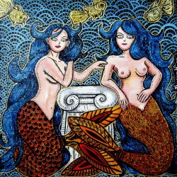 Deux sirènes vous regardent - Gabrielle d'Estrée et sa sœur en sirènes. Peinture acrylique et encre de Chine sur toile coton 40 x 40 cm, châssis bois, 2012 - Florence H 
