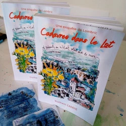 Couverture pour le livre CADAVRES DANS LE LOT de Guilhem Candie 2026 - Aquarelle format A4. Saint Cirque Lapopie.