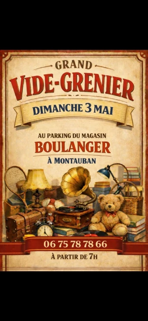 Affiche Grand Vide Grenier Couvert de Mai Parking Magasin Boulanger