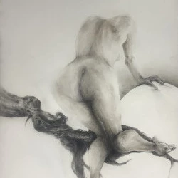 sans titre. - estampe et dessin au crayon graphite, cendre de cigarettes et jus d'iris. 57 x 76 cm.