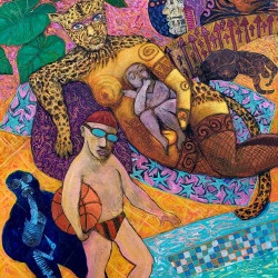 Instinct - (2023) 162 x 130 cm technique mixte sur toile. Allongée au bord de la piscine, une femme s'inquiète de l'avenir de son enfant et de son épanouissement au sein d'une société technologiquement avancée mais potentiellement aliénante voire destructrice. Cette peinture se situe à la croisée du surréalisme et du symbolisme. - Bruno Lassalle 