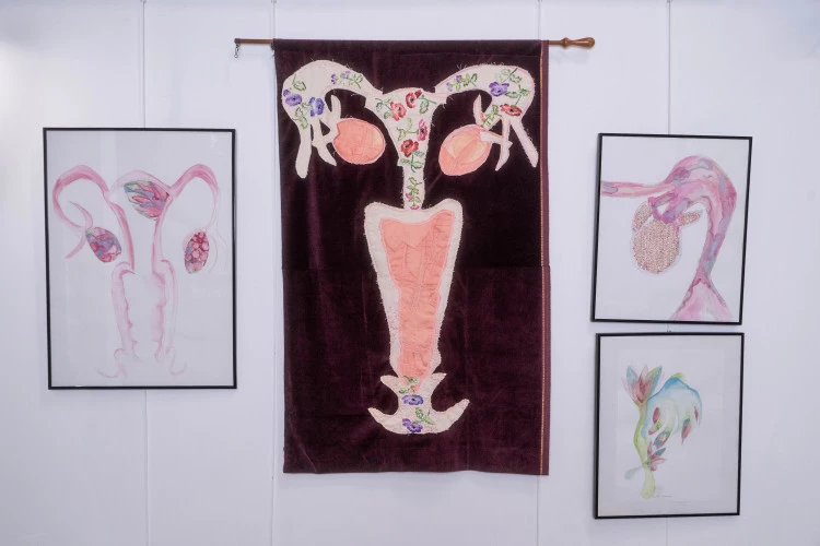 BLASON UTÉRUS - Comme un étendar un utérus est cousu sur un velours il est accompagnée de dessin aquarelle brodée - @isabellepiron2023 
