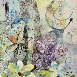 Rêverie 2 - Collage sur papier toile réalisation avec des papiers soie peint à la main sous verre - R Devarrewaere 