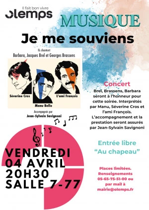 Affiche Concert Je me souviens Barbara, Brel, Brassens