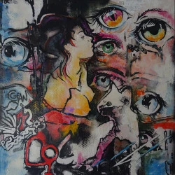 QUAND MARGOT… - Peinture acrylique, huile, encres sérigraphie sur toile tendue sur châssis bois. Format 80 x 80 cm - 2020 - création & photographie : CGÉAN - Titre : QUAND MARGOT… 