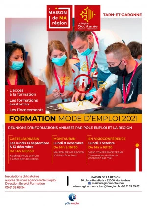 Affiche Formation Mode d'Emploi : réunions d'information animées par Pôle Emploi et la Région Occitanie